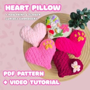 Handknit Heart Pillow with Surface Embroidered Paw Print and Flowers Pattern with Video Tutorial