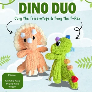 Handknit Dino Duo -  Cory the Triceratops & Tony the T-Rex Pattern with Video Tutorial | Plushie | Snuggler | Weighted Plushie